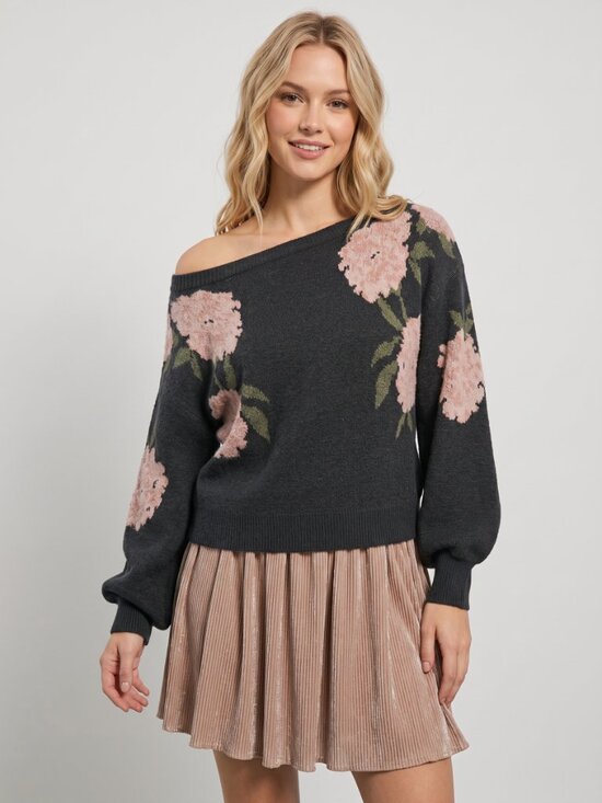 Sweaters - Women's Black Floral Knit Sweater Off Shoulder Boat Neck Pullover Top
